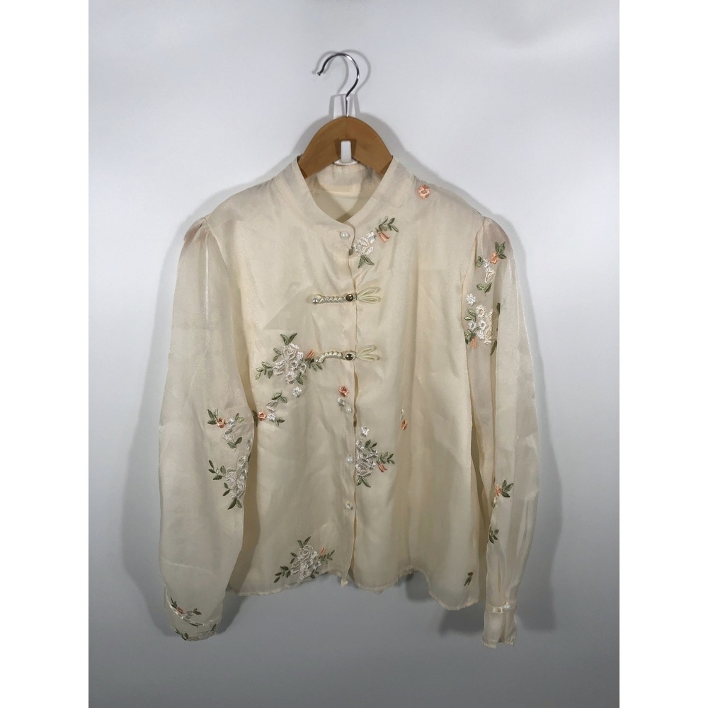 Frog Clasp Blouse Womens XL White Embroidered Sheer Oriental Chic Statement